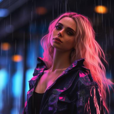 Neon-lit Barbie against a rain-soaked cityscape cyberpunk... image