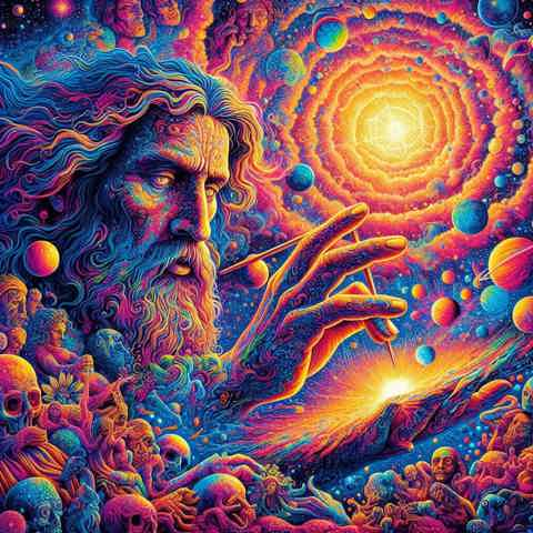 a painting with a man creating the universe in the style of... image