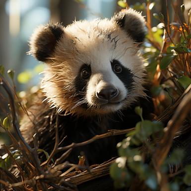 Wildlife Photography of a baby panda curiously nibbling on bamboo shoots image