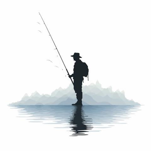 Pixel art in a 32-bit style gray silhouette of a fisherman image