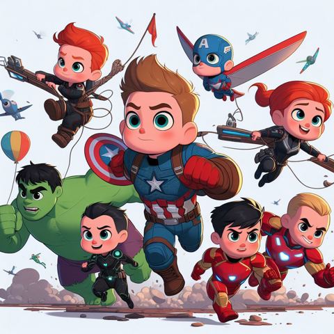 Pixar style animation Avengers as babies animated in action... image