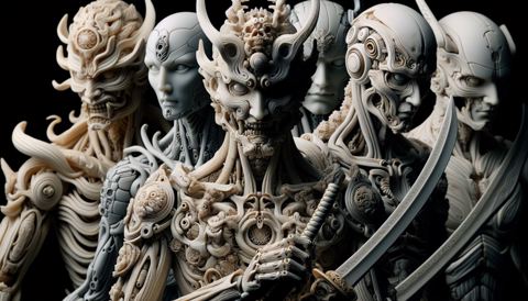 create Carved porcelain cyborg demons different full body... image