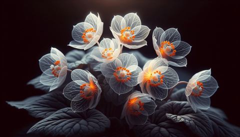 diaphanous transparent white flowers with glowing orange... image