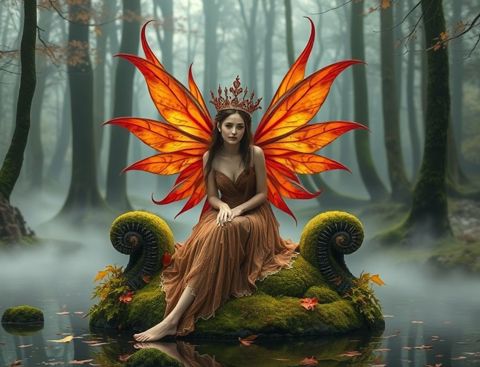An art piece features a faerie queen with wings like autumn... image