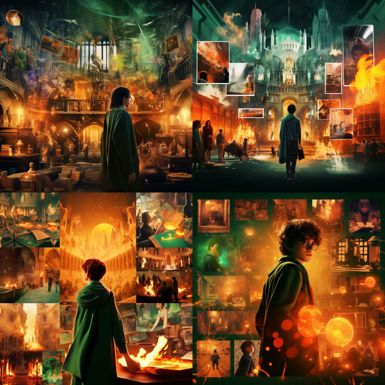 A collage of images of people with bright images in the...Harry Potter poster - the battle for Hogwarts  image
