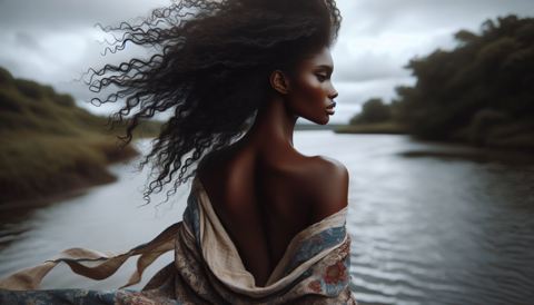 create a beautiful black woman woman standing by the river... image