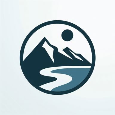 A simple logo design for a mountain and a river forming a... image